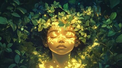 Poster - Surreal portrait of a glowing child surrounded by lush foliage in a dreamlike forest setting