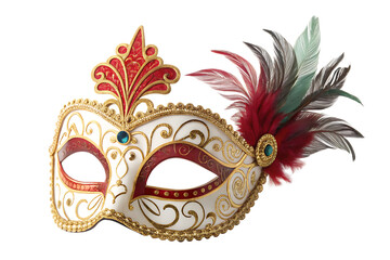 Ornate carnival mask with vibrant feathers isolated on transparent background