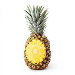 Poster - Freshly cut pineapple slice revealing juicy yellow flesh with vibrant green crown on top in natural light setting