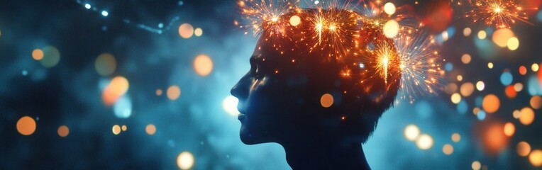 Aufkleber - Glowing man in a dreamy atmosphere filled with sparkling lights and a mystic aura at twilight