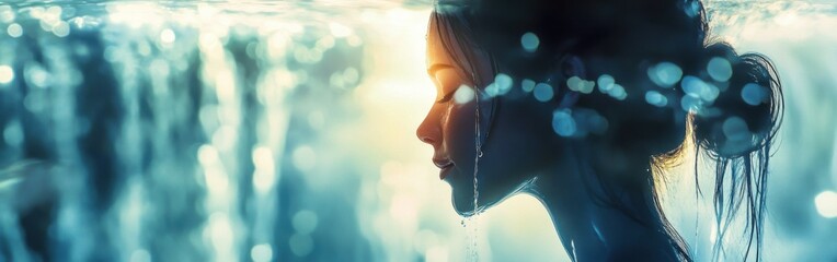 Poster - Serene portrait of a woman radiating calmness underwater during golden hour in a tranquil setting