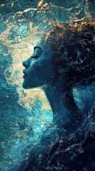 Poster - Serene portrait of a woman immersed in water with radiant glow during an underwater moment