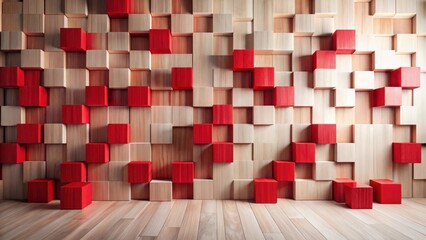 Poster - Abstract Wooden Cube Wall with Red Accents A Modern Architectural Design Concept