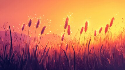 Poster - Calm golden-hour meadow with tall grasses and warm sunlight softly illuminating the landscape during sunset