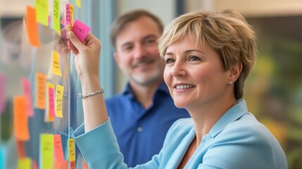Poster - Professional woman collaborating with a colleague while organizing ideas on sticky notes in a bright office space