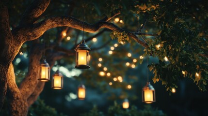 Aufkleber - Lanterns illuminating a tranquil evening in the garden under the tree