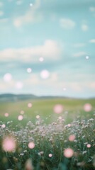 Aufkleber - Peaceful green field with vibrant flowers under a blue sky during a sunny day