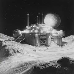 Poster - Moon base habitat design concept showing lunar landscape and distant planet at night