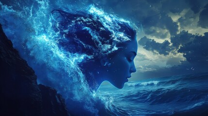 Leinwandbilder - Mystical woman emerges from ocean waves, glowing in the twilight amidst swirling clouds and shimmering water