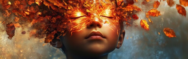 Aufkleber - Mystical depiction of a child's glowing face surrounded by vibrant autumn leaves in a tranquil setting