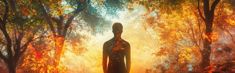 Leinwandbilder - Mystical silhouette of a man surrounded by vibrant autumn foliage and ethereal light in a tranquil forest