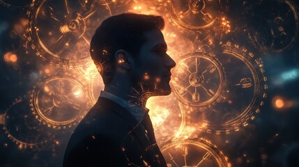 Poster - Mystical profile of a man filled with glowing gears and cosmic patterns at an unspecified location
