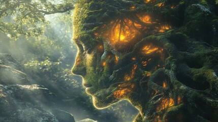 Poster - Mystical profile of a man with nature elements illuminated in an enchanting forest setting at twilight