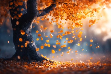 Poster - A magical yellow tree glowing in a twilight forest, with golden leaves shimmering and casting ethereal light on the surrounding ground