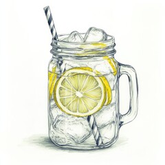 Poster - Refreshing lemonade in a mason jar with ice and a striped straw on a warm summer day