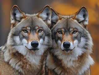 Wall Mural - a close-up of two wolves standing side by side looking directly at the viewer
