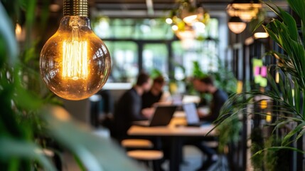 Aufkleber - Luminous vintage-style light bulb illuminating a vibrant coworking space filled with greenery and focused individuals at work