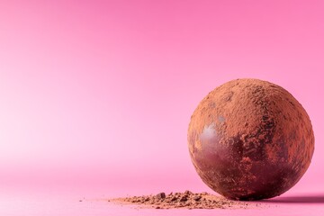 Poster - A minimalist design of a single chocolate truffle with a soft shadow, placed on a plain pastel pink background