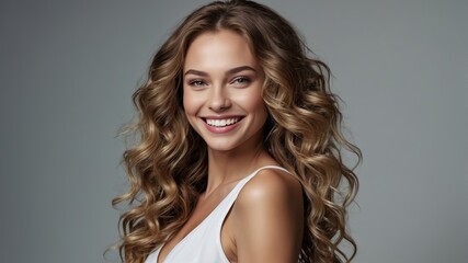 Woman with beautiful curly hair smiling against a neutral background in a relaxed setting