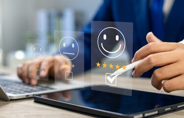 Wall Mural - online customer satisfaction survey, client giving five-star feedback and reviews for quality servic