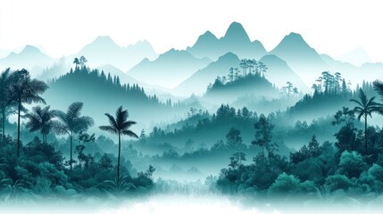 Misty teal mountain range jungle landscape; serene background for design
