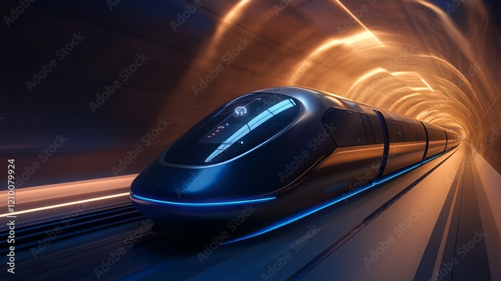 High-speed underground transport emerges from a tunnel, blurring the ...