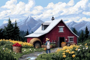 Poster - A pixel art representation of a farm worker gathering crops, with animated motions of placing fruits into baskets, set in a colorful retro-style farm scene