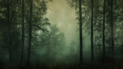 Poster - Mysterious fog envelops a tranquil forest with rich green textures and tall trees at dusk