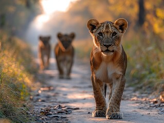 Wall Mural - A Trio of Lion Cubs Striding Confidently Along a Dusty Path at Sunset in the African Savannah