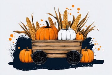 Poster - A simple 2D depiction of a wooden cart filled with crops like pumpkins and corn, sketched against a clean white backdrop
