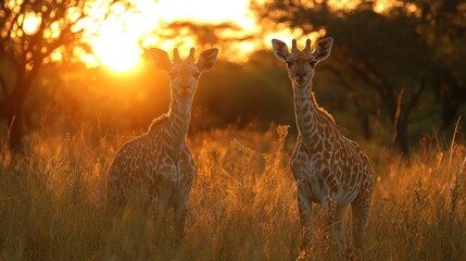 Wall Mural - Two Giraffe Calves Stand in a Field at Sunset with Golden Light Illuminating the Scene