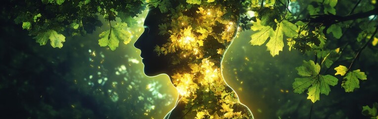 Aufkleber - Man's silhouette glowing with sunlight and surrounded by lush green leaves in a serene forest setting