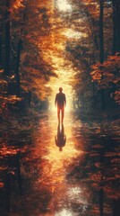 Poster - Glowing man walking through a reflective autumn forest path illuminated by vibrant foliage
