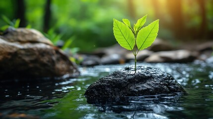 Canvas Print - Sapling growing on rock, stream, forest, sunrise