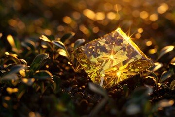 Poster - Close up of a large, sparkling yellow princess cut diamond resting on plants, illuminated by the warm glow of the setting sun