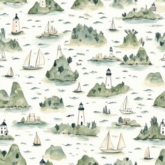 Poster - Serene watercolor doodles of lighthouses, boats, and islands create a calming coastal atmosphere