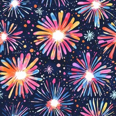 Leinwandbilder - Bold doodle cartoon watercolor pattern bursting with vibrant flowers and colors in a night sky theme
