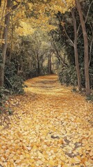 Poster - Serene forest trail covered in golden autumn leaves invites peaceful exploration in nature