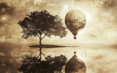 Wall Mural - double exposure of the moon and an air balloon, trees in the foreground, fantasy illustration, sepia