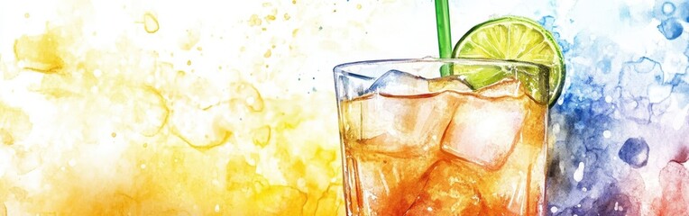 Poster - Refreshing glass of lemonade with ice and lime slice set against a vibrant watercolor background