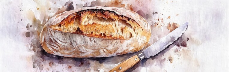 Aufkleber - Freshly baked sourdough loaf with rustic knife against a watercolor background