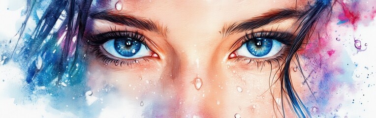 Poster - Close-up depiction of a woman's face adorned with water droplets, highlighting a fresh and natural beauty through watercolor artistry