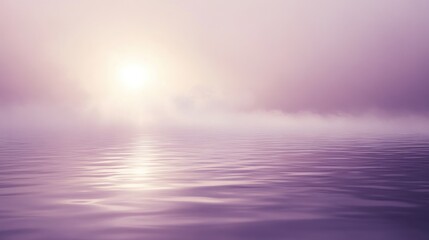 Poster - Radiant sunlight illuminates calm water amidst misty lavender hues at dawn