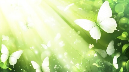 Wall Mural - A close-up abstract view of a natural spring background, complete with butterflies and light green meadow blooms