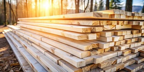 Wall Mural - Sunlight illuminates a neatly stacked pile of freshly cut lumber, showcasing the natural beauty of the wood grain and the precise craftsmanship of the cuts, ready for construction projects.