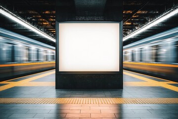 Wall Mural - Mock up Poster media template Ads display in NYC Train Subway Station with moving Train on background. Realistic 3d render illustration