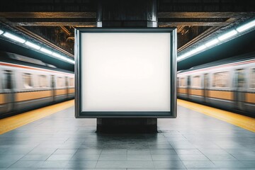 Wall Mural - Mock up Poster media template Ads display in NYC Train Subway Station with moving Train on background. Realistic 3d render illustration