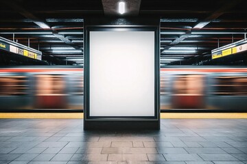 Wall Mural - Mock up Poster media template Ads display in NYC Train Subway Station with moving Train on background. Realistic 3d render illustration