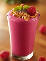 Poster - Vibrant smoothie topped with granola, chia seeds, and fresh fruit served in a clear glass on wooden background