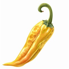 Poster - Illustration of a ripe, yellow chili pepper with a curved green stem, isolated on a white background, showcasing its vibrant color and texture